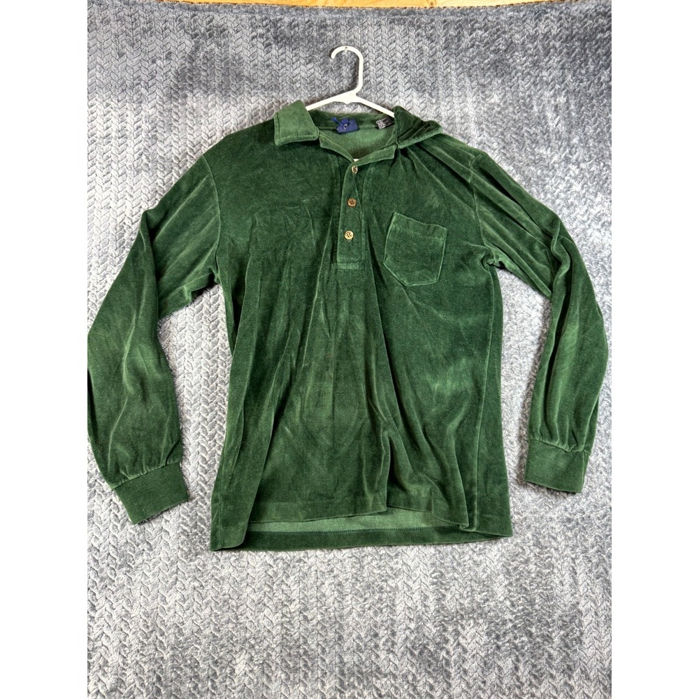 VTG 70s 80s Velour by Block Polo Shirt Mens Medium Green Long Sleeve Retro